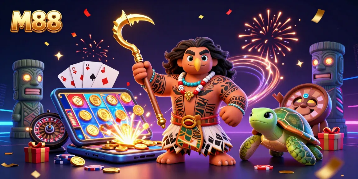 M88 captivates with a Polynesian demigod and turtle sidekick celebrating a vibrant casino win.
