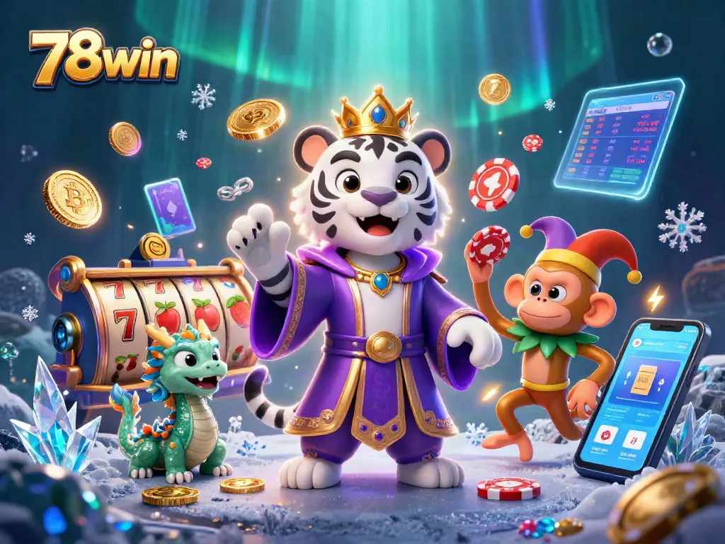 In a vibrant casino scene, a golden monkey juggles poker chips while a white tiger and jade dragon enhance the 78win experience.