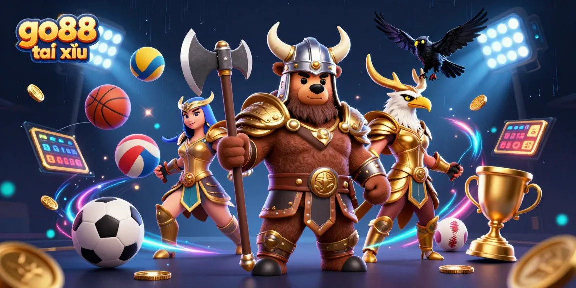 Experience thrilling go88 tài xỉu with an energetic Viking, Valkyrie, and dynamic sports elements.