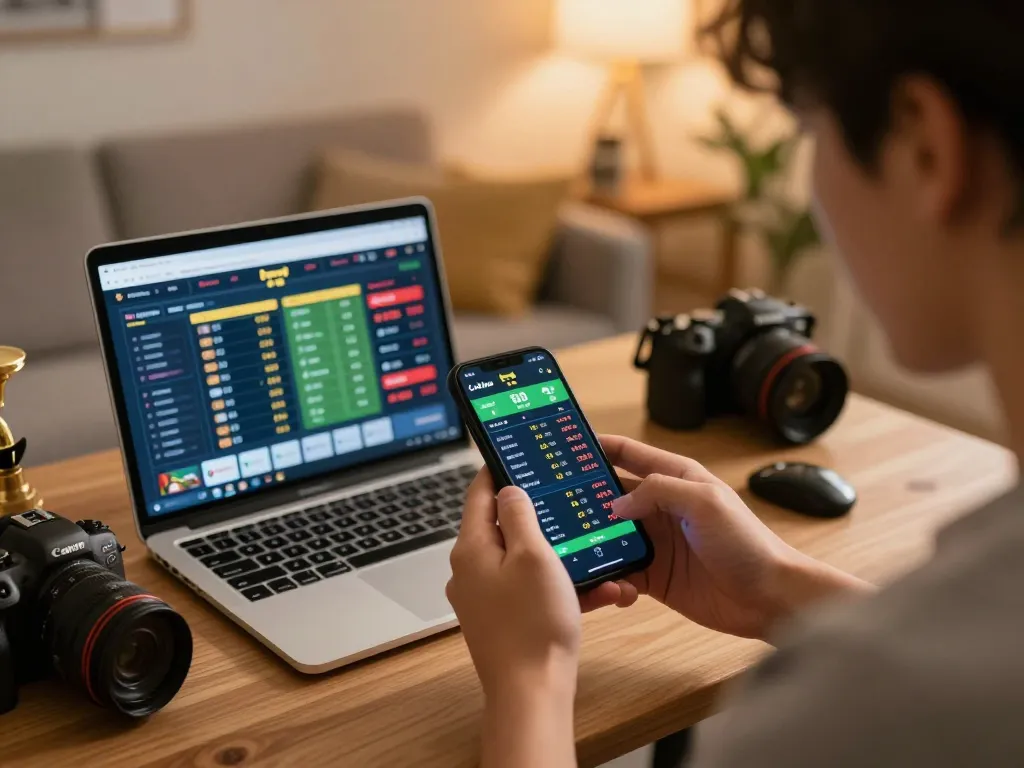 Engaged user checking live odds on go8 mobile app for sports betting in a cozy home setting.