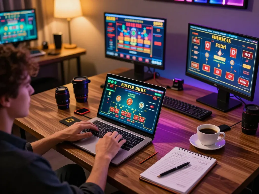 E2bet player engaging with exciting live dealer game on laptop, showcasing strategic approach in online gambling.
