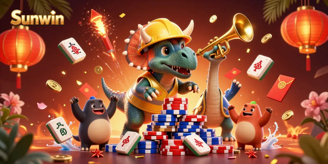 Sunwin players celebrating wins in a vibrant 3D gambling scene filled with colorful casino elements.