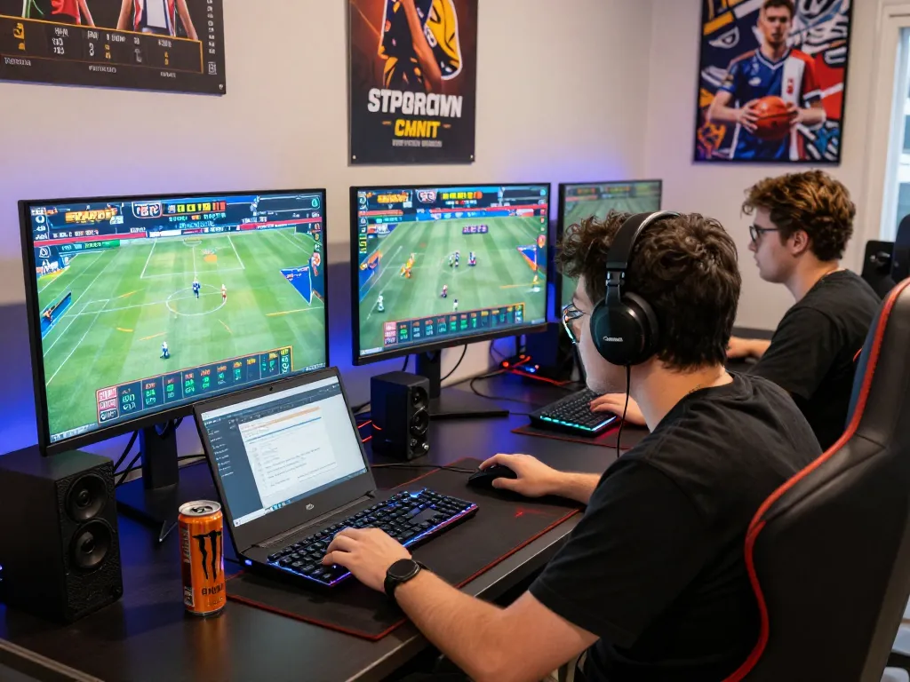 Player engaged in online betting on 8KBET with multiple screens in a vibrant gaming setup.