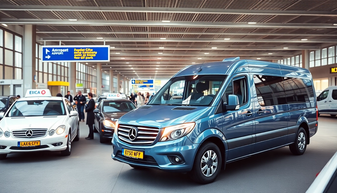 Airport transfer vehicle at London City airport with busy terminal in the background.
