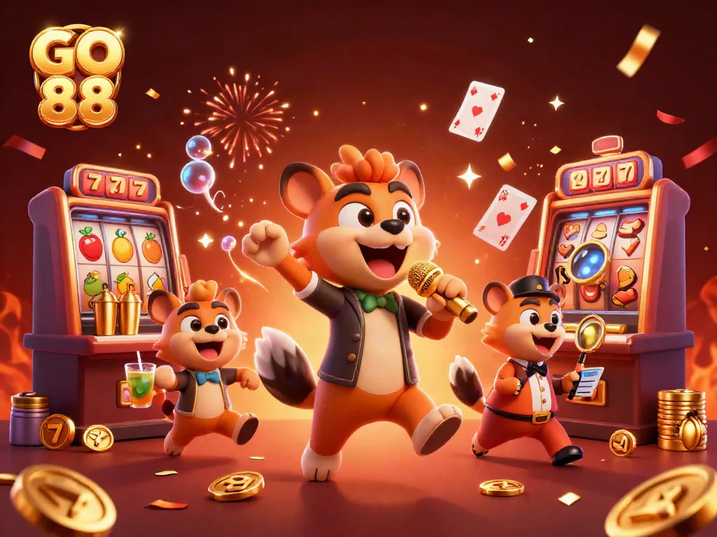 Engage with GO 88 in a vibrant casino scene featuring hyenas, slot machines, and a joyful atmosphere for players.