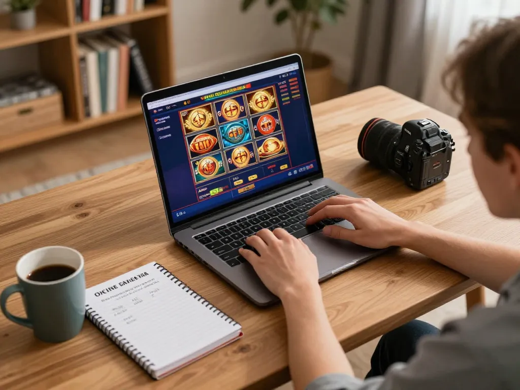 Engaging scene at https://x88.diy/ showing a user immersed in online casino gaming, surrounded by strategy notes and warm ambiance.