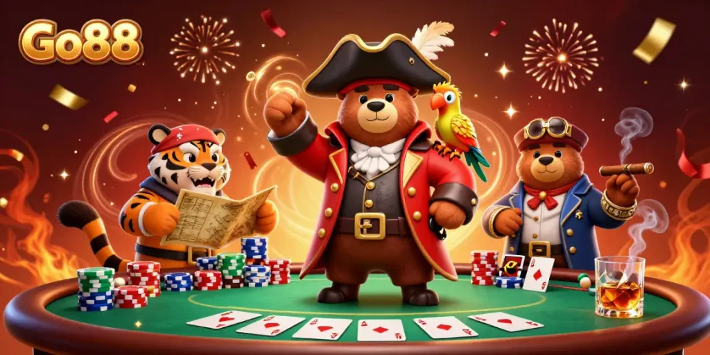 Experience the excitement of Go88 with a dynamic poker scene featuring a pirate captain bear, tiger first mate, and parrot.