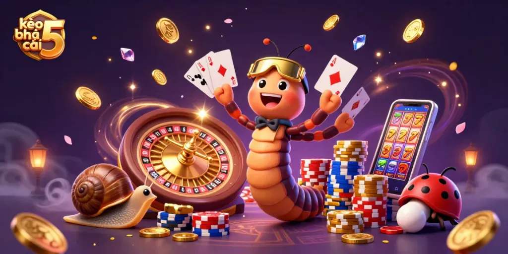 Experience thrilling gaming with kèo nhà cái 5 illustrated by a whimsical cartoony scene.