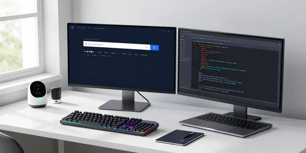 Buy .co.uk domain showcased on a developer's desk with tech gadgets and coding features.