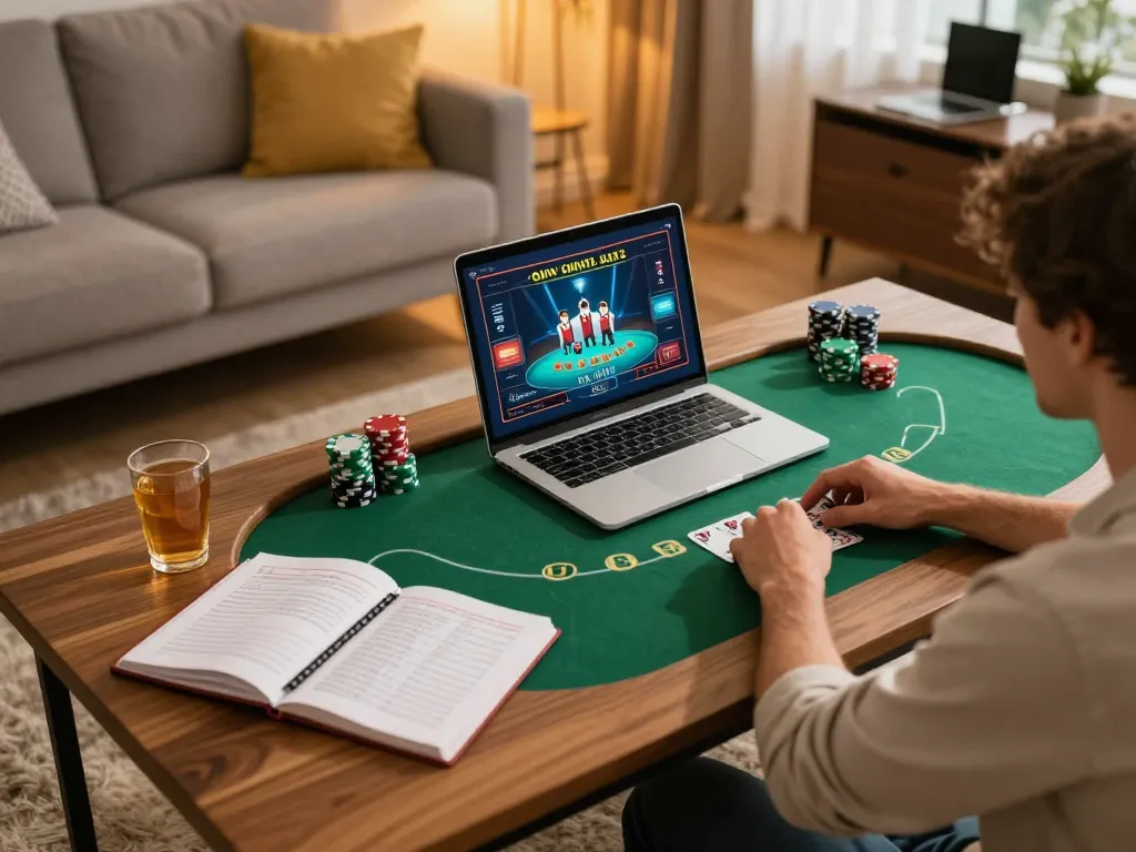 Engaging in a strategic online poker session at home, highlighting g28 gaming experience with cozy ambiance.