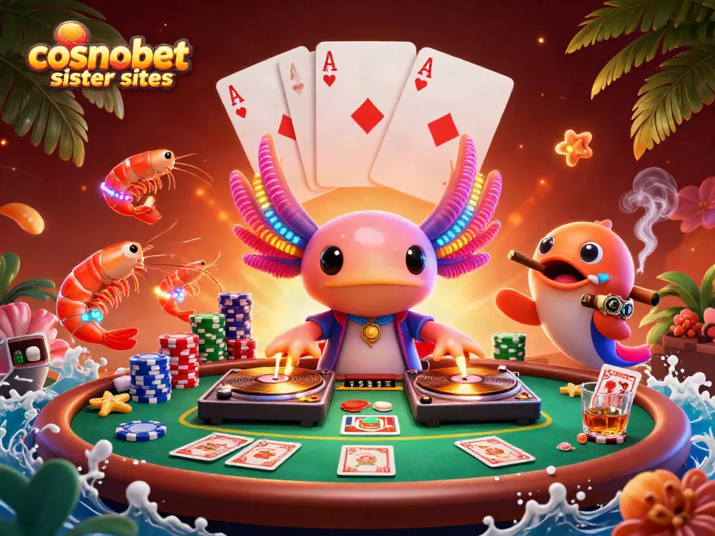 Experience fun with Cosmobet sister sites while playing cards at a lively casino scene.
