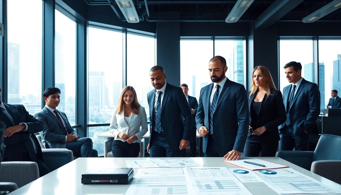 Team members of a professional security agency collaborating on strategies in a modern office.