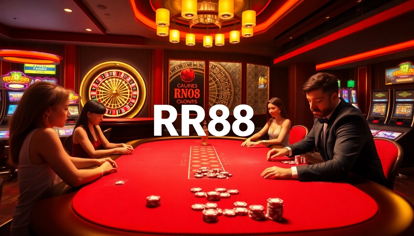 Players enjoying a thrilling poker game at RR88 casino with vibrant lights and luxury ambiance.