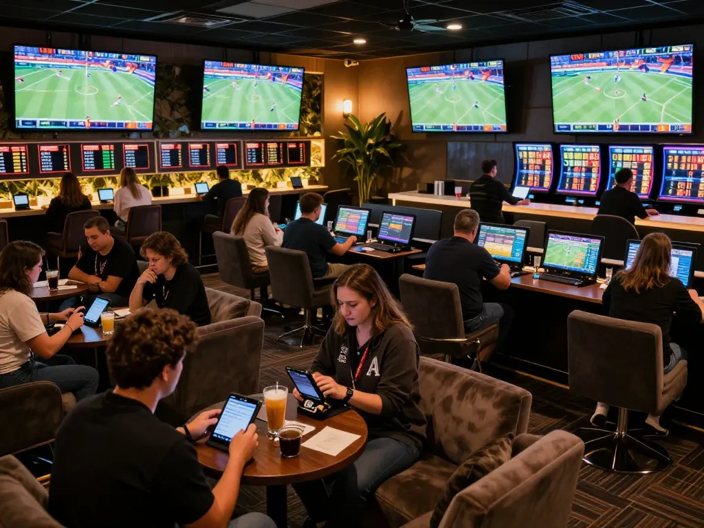 Engaged bettors analyzing odds at nhandinhkeonhacai sports lounge, showcasing strategic gameplay.