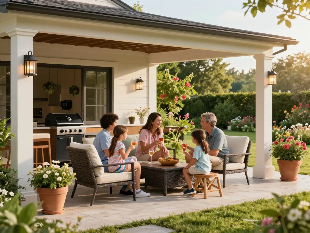 Family enjoying time together on a stylish veranda configurator designed outdoor space.
