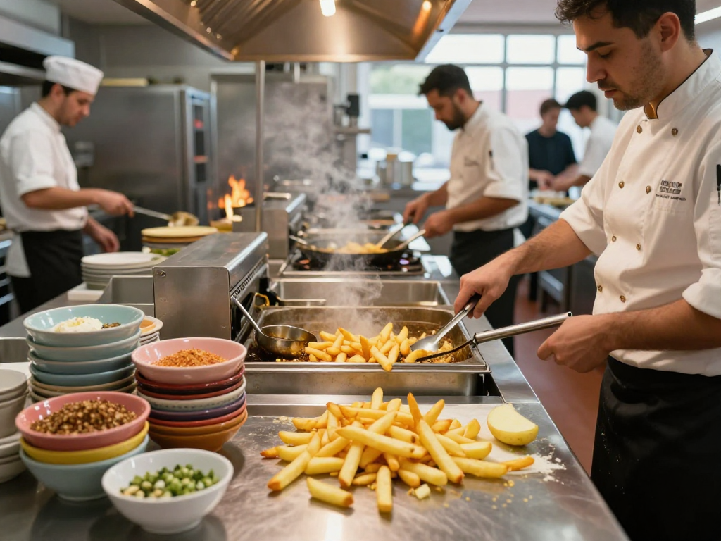 Catering fryers in action with chefs frying golden potatoes in a bustling kitchen environment