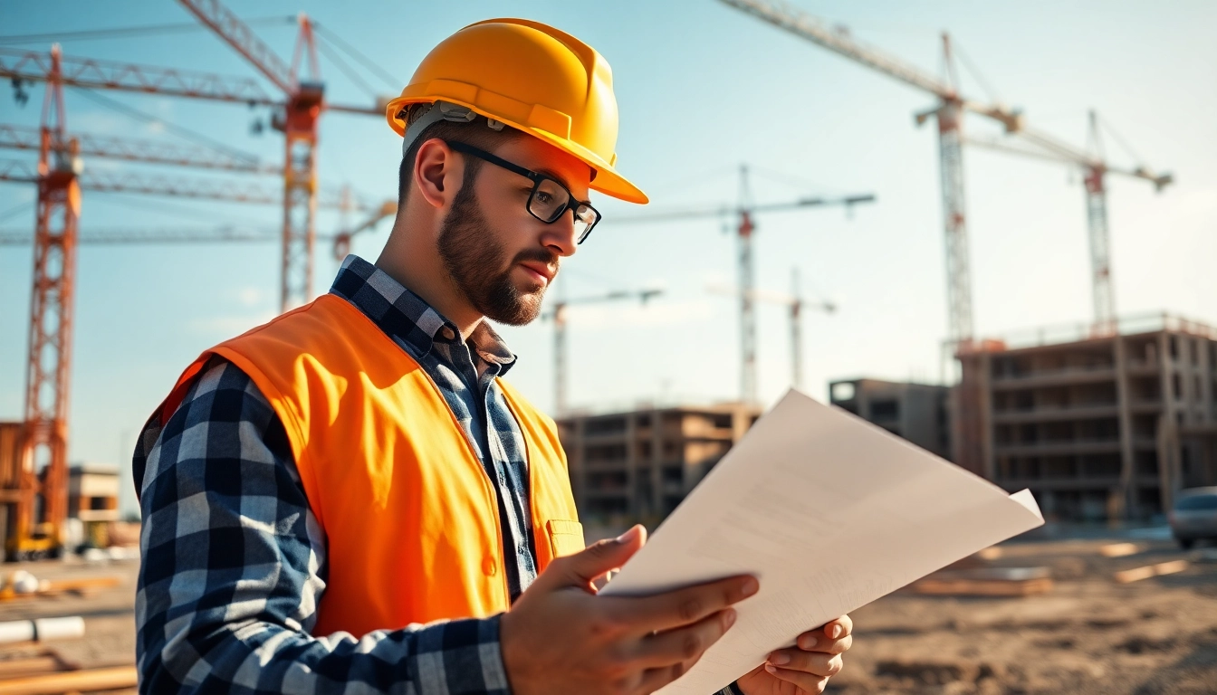 New Jersey Construction Manager reviewing blueprints at an active construction site.