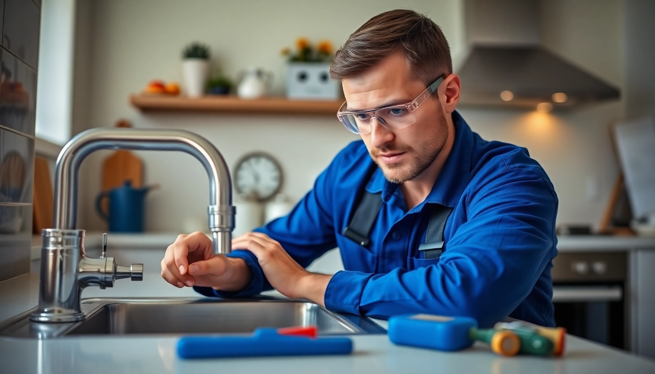 Plumber near me repairing a kitchen sink leak with tools nearby.