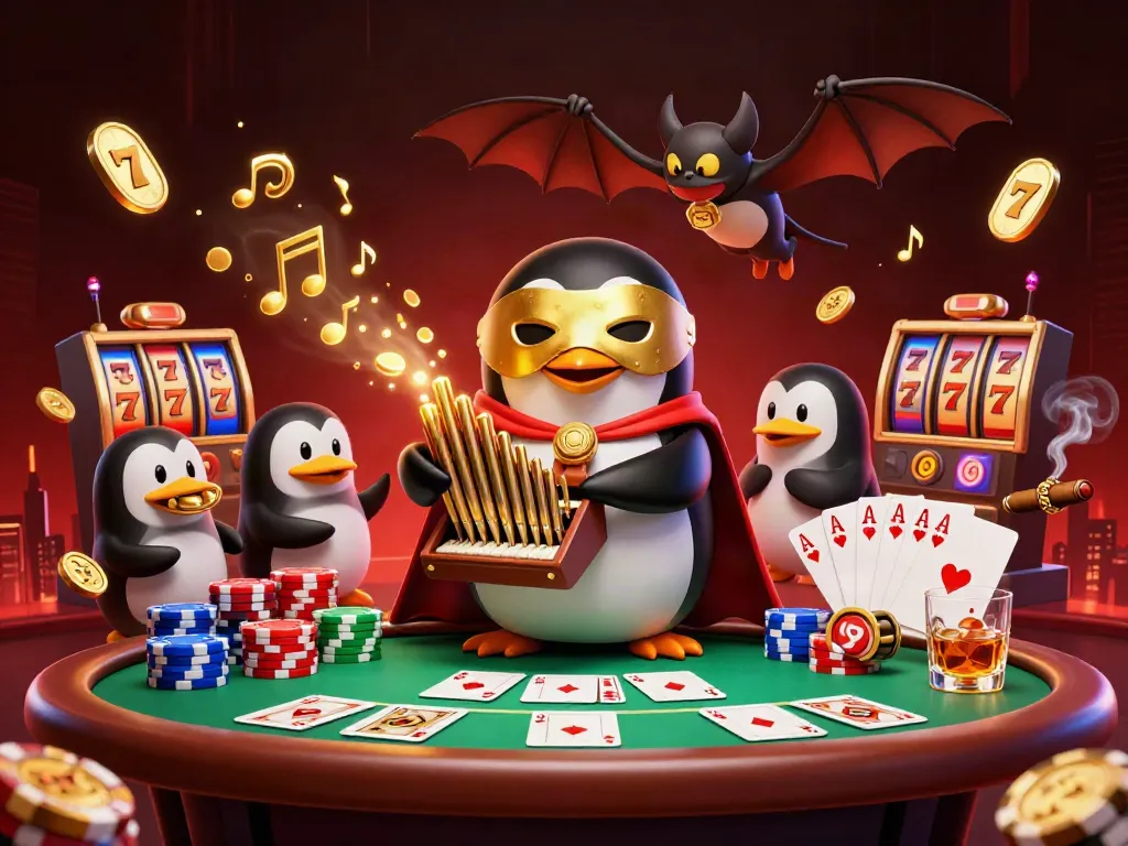 Experience a vibrant scene of Sun win gaming with a penguin conductor and casino lights
