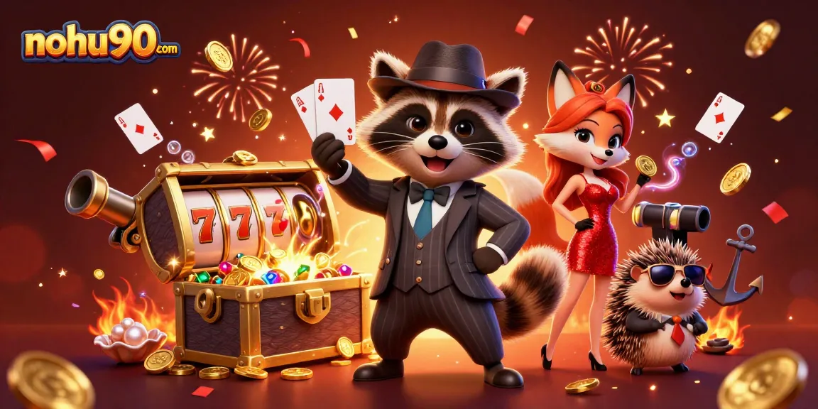 Nohu90com players enjoying a vibrant online casino scene filled with slots and treasures.