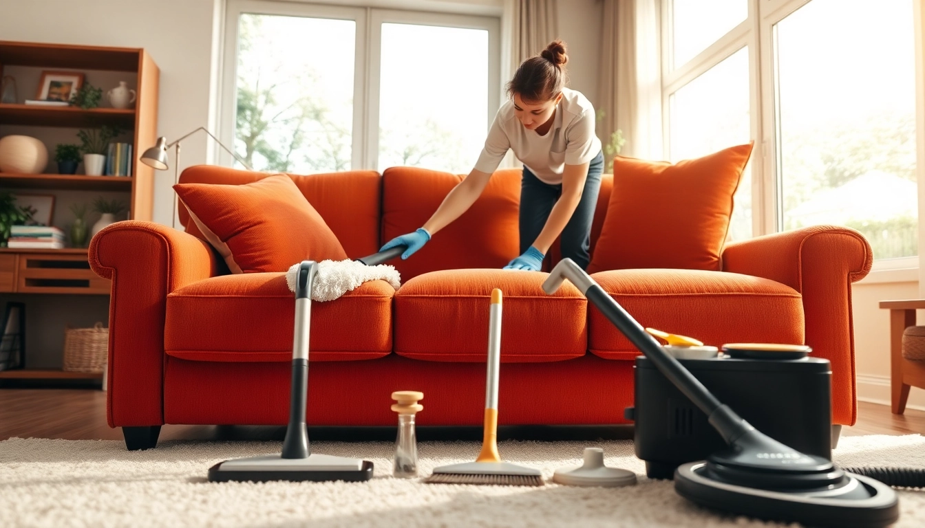 Upholstery cleaning in Glasgow: Professional technician cleaning a vibrant sofa in a modern living room.