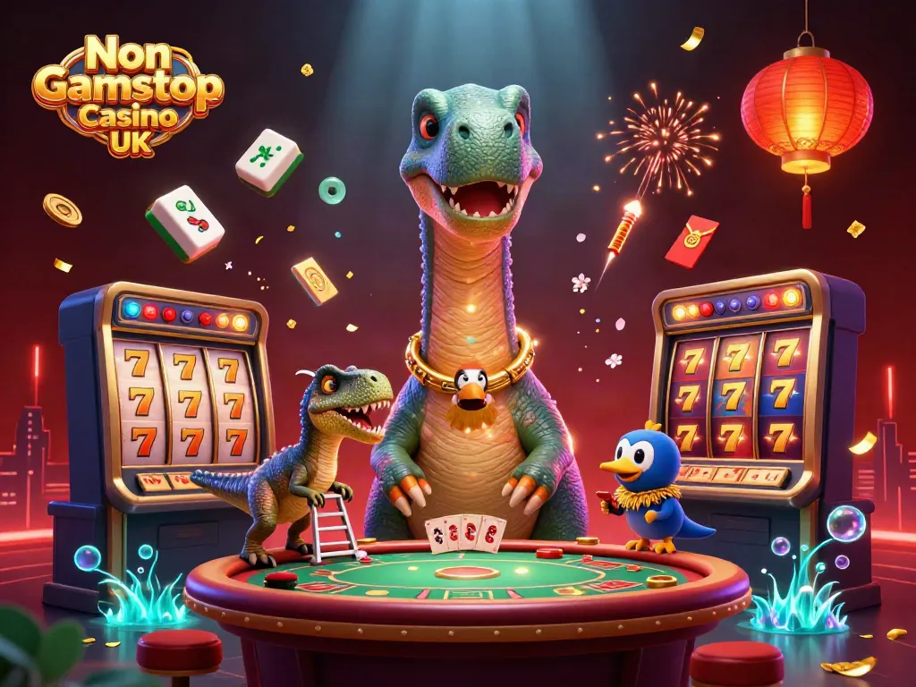 Engage in exciting gameplay at Non Gamstop Casino UK featuring a cartoon brontosaurus and dynamic slot elements