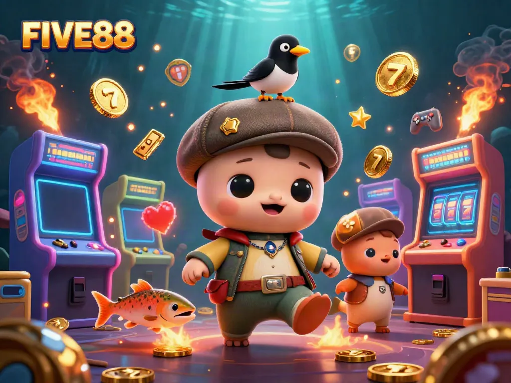 Join the fun at FIVE88 with a vibrant 3D illustration showcasing lively characters and exciting gaming elements.
