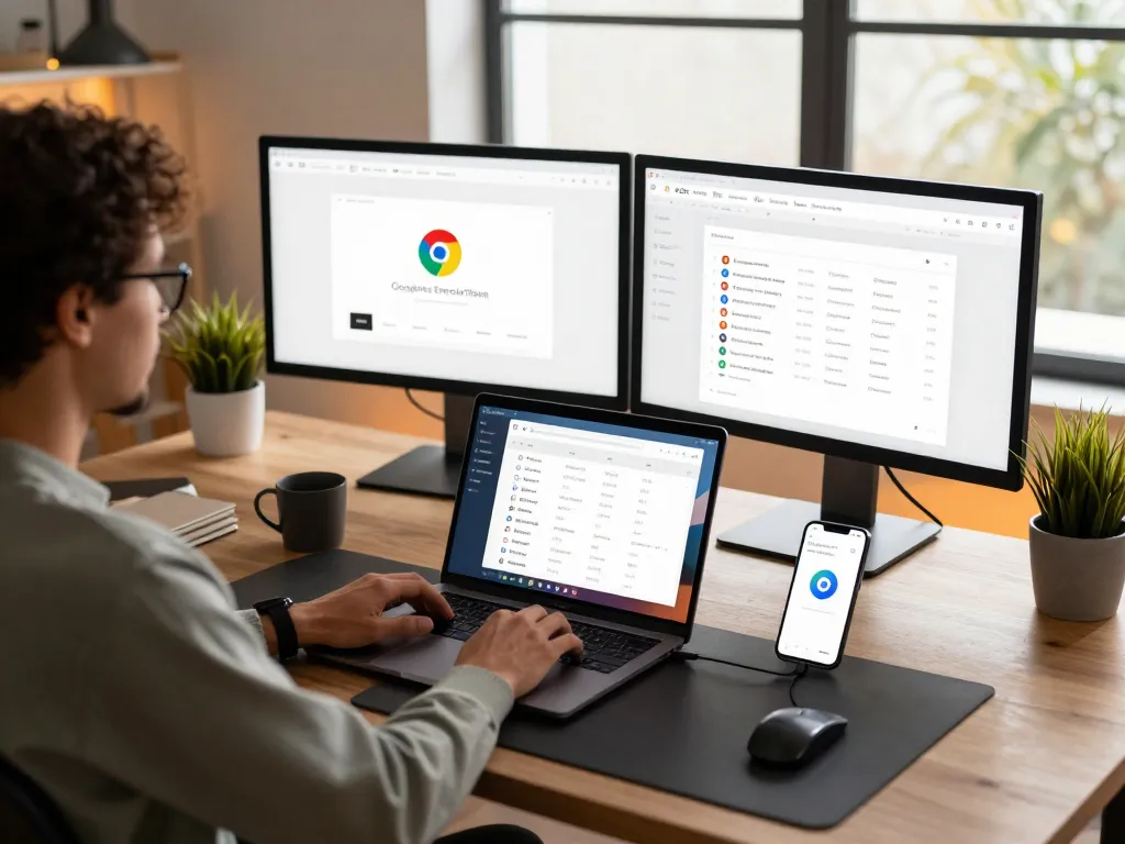 Engaged user exploring 谷歌浏览器 features in a modern workspace with dual monitors and smartphone integration.