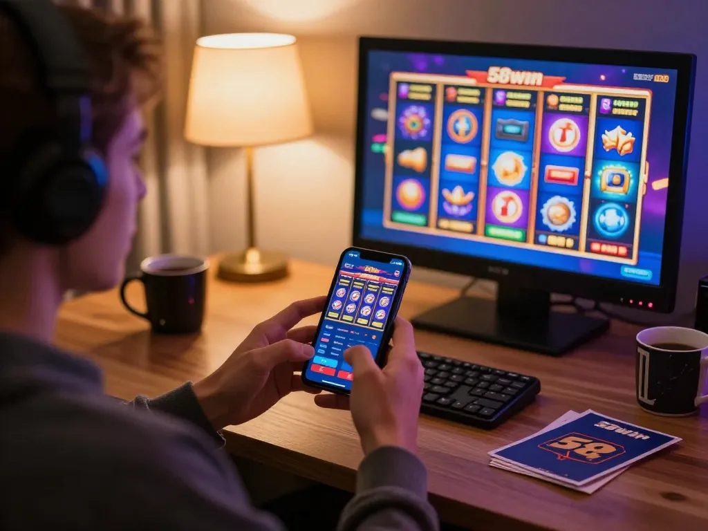 Player enjoying the 58win mobile app, engaging with exciting slot games in a cozy home setting.