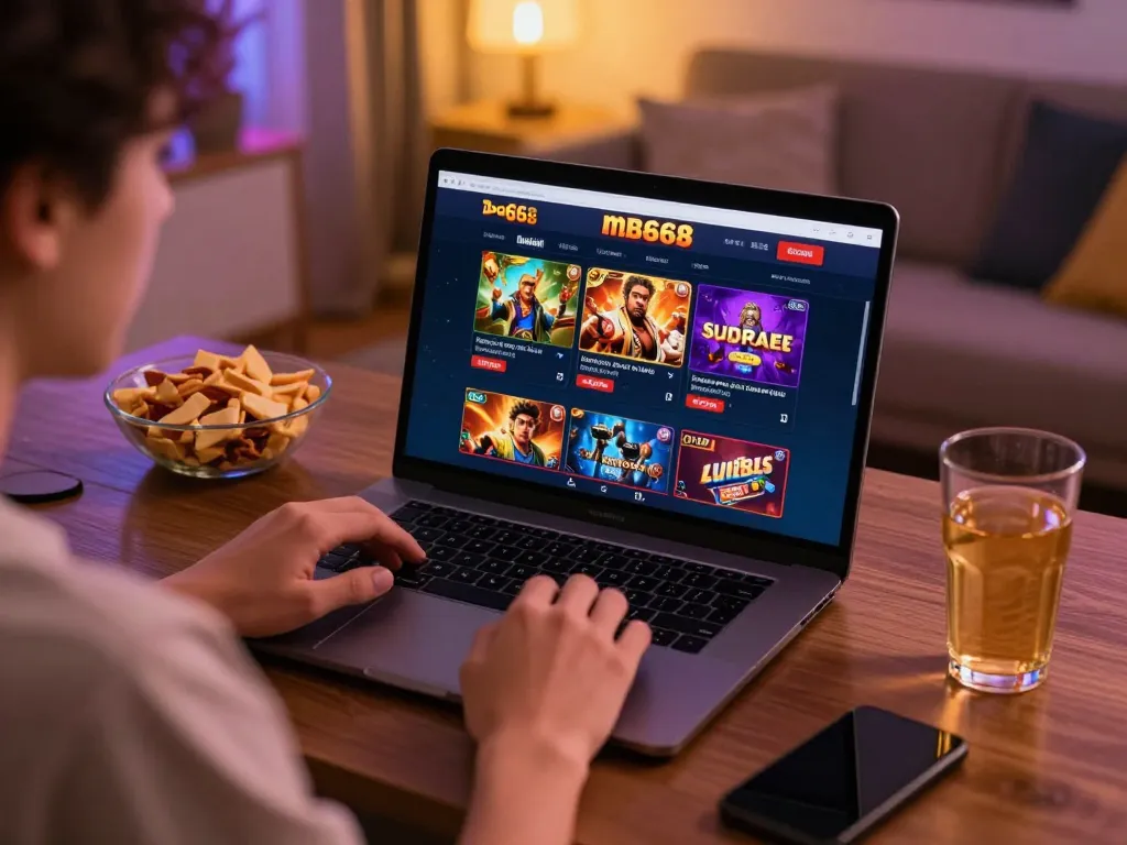 Player using mb668 online casino platform on laptop in cozy home setting.
