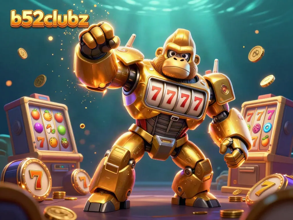 b52clubz presents an electrifying 3D illustration of a golden gorilla mech bursting with slot reels and vibrant casino themes.