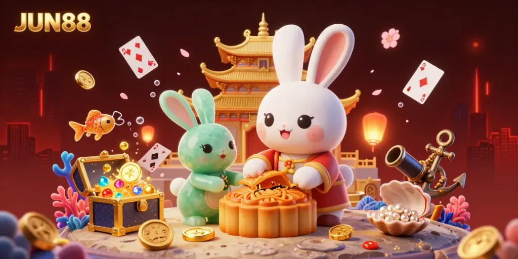 Enjoy thrilling gaming experiences with JUN88's vibrant 3D casino illustration full of rich elements.