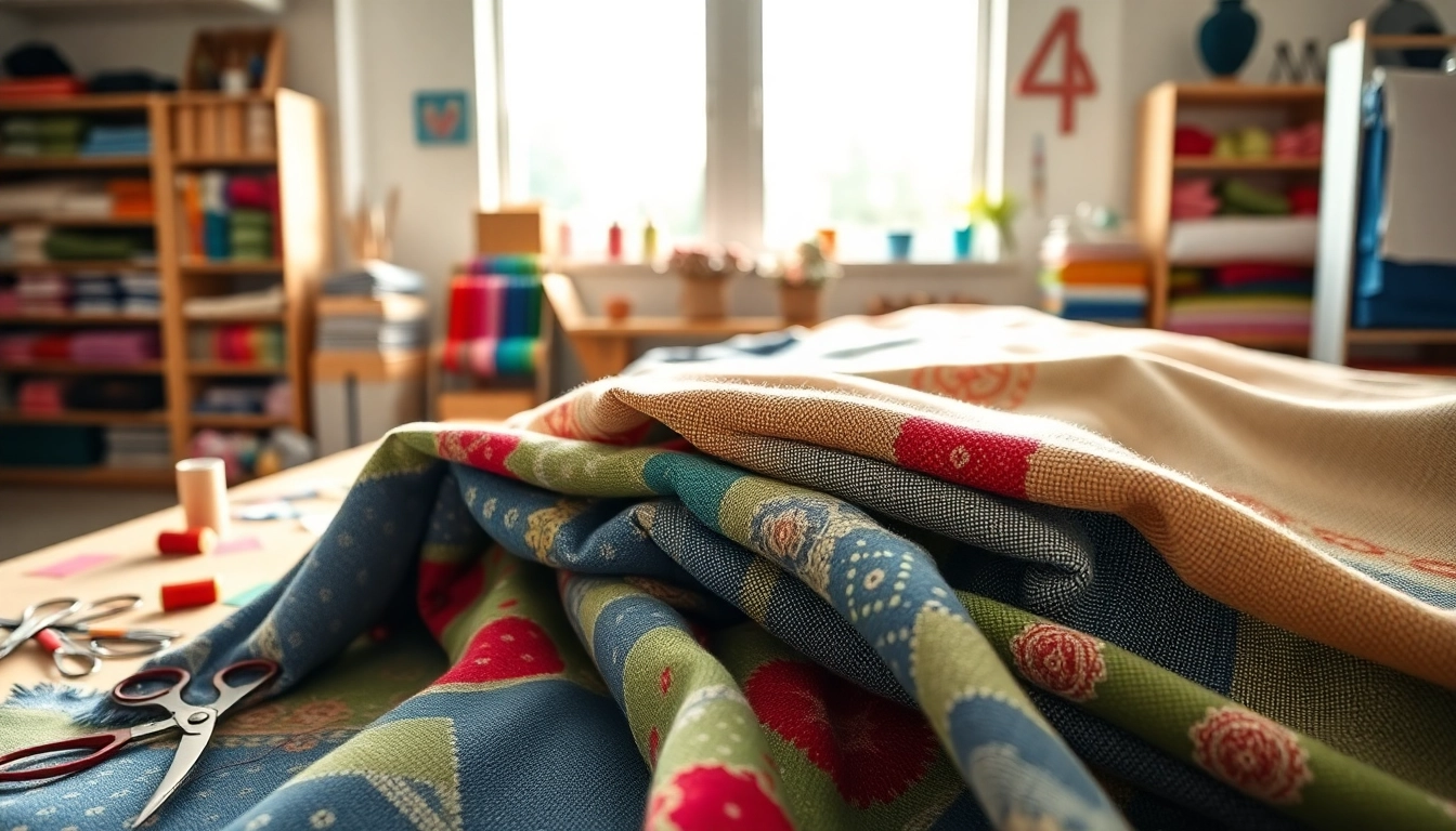 Bekijk canvas stof per meter met kleurrijke patronen in een creatieve omgeving.