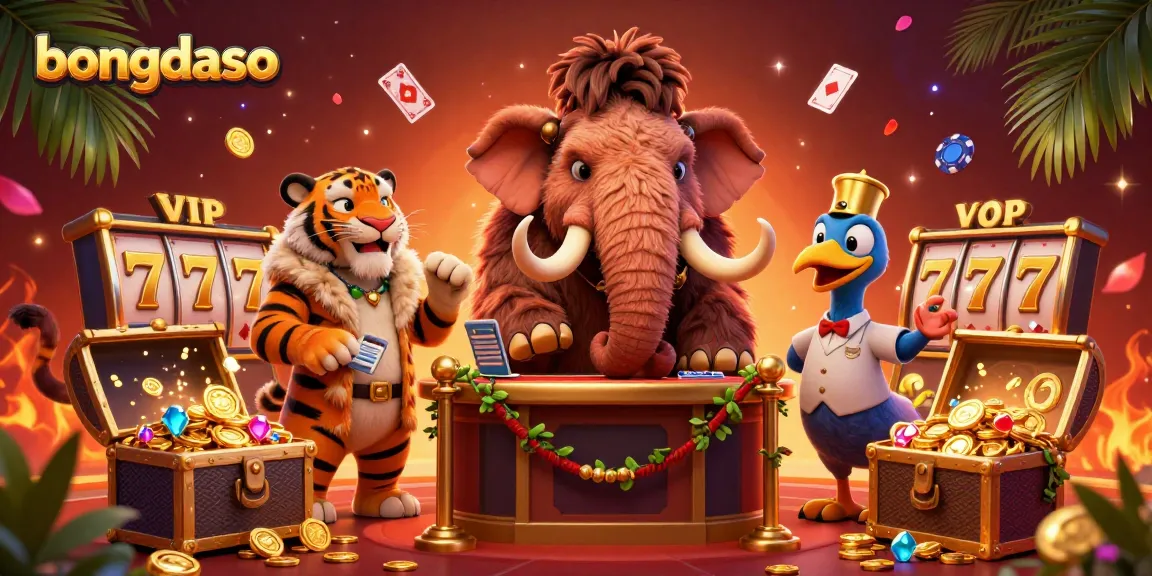 Bongdaso illustrates a vibrant casino scene with a woolly mammoth bouncer and glowing slot elements.