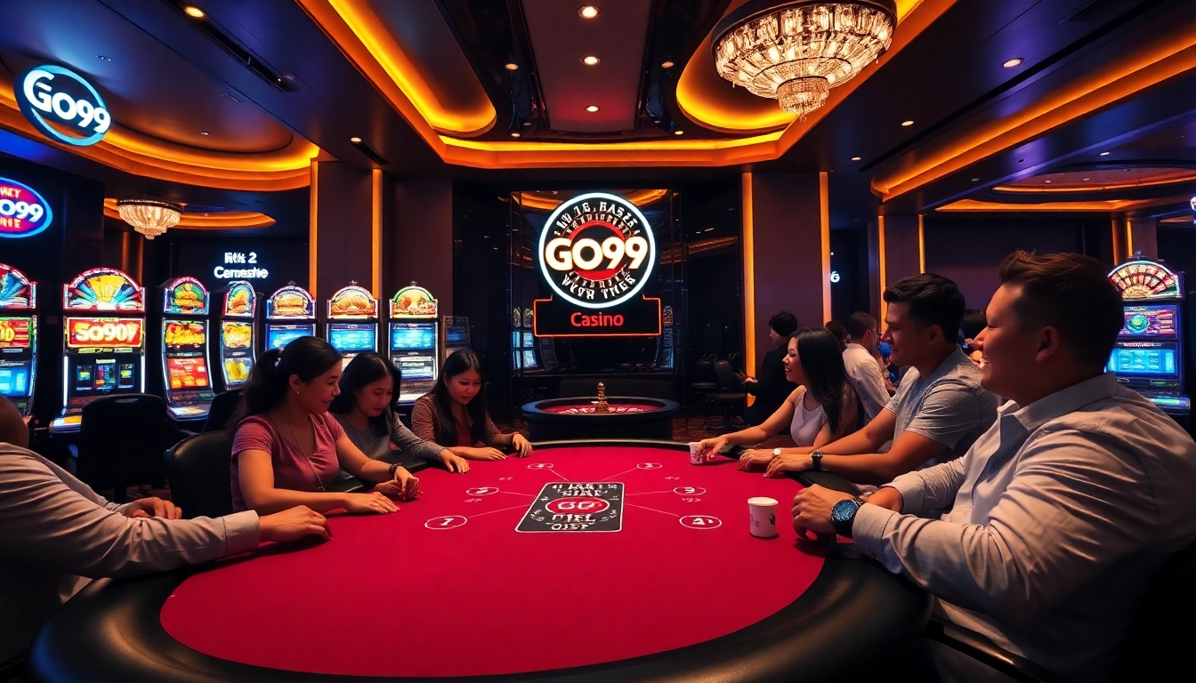 Players enjoying an exciting game at Go99's advanced casino, surrounded by vivid slot machines and poker tables.