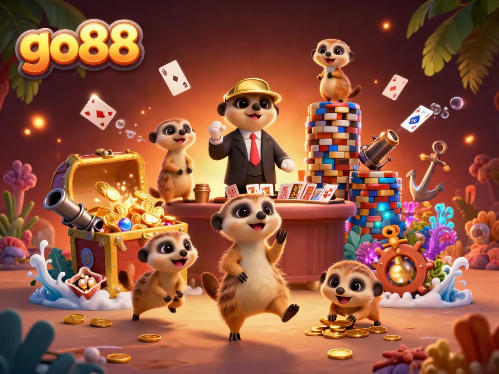 Engaging meerkats run a vibrant go88 casino, showcasing thrilling underwater treasures and lively gameplay.