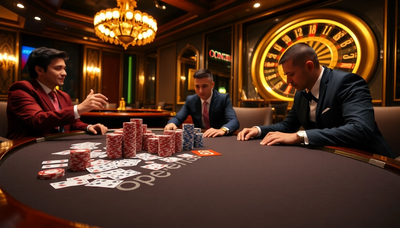 Exciting poker game at OPEN88 casino table with vibrant chips and illuminated ambiance.