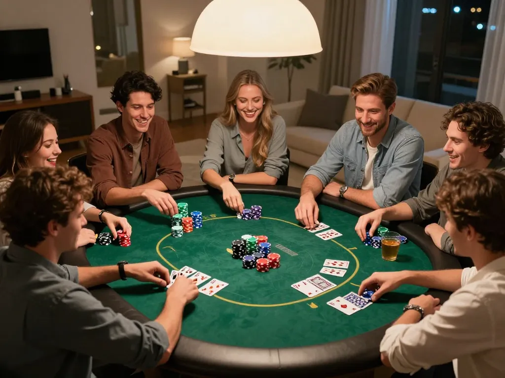 Friends enjoying a lively poker night at home, showcasing engaging gameplay and laughter, LUCK8.