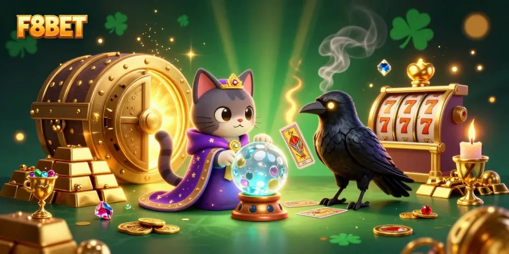 Experience the magic of F8BET with mystic characters and dynamic casino elements in a vivid 3D scene.