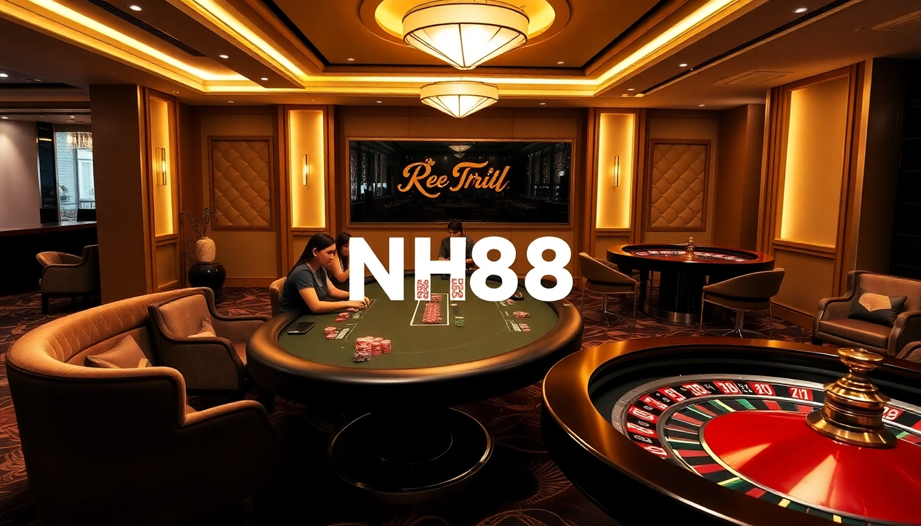 Players enjoying a vibrant casino scene at NH88, showcasing poker tables and roulette wheels.