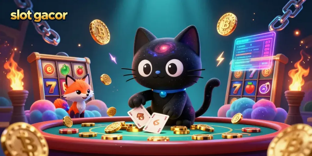 Experience the thrill of slot gacor with a cosmic casino scene, showcasing vibrant characters and rich elements.