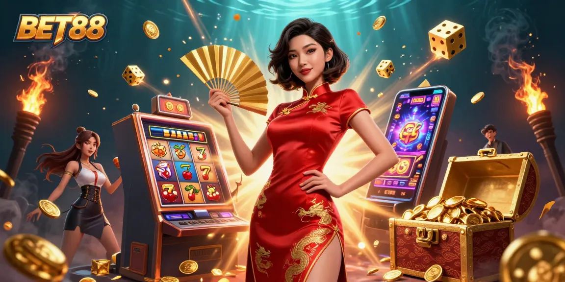 Experience thrilling jackpots at BET88 with an exciting scene of vibrant casino gaming elements.