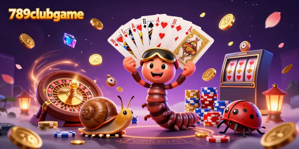 Experience the thrilling atmosphere of 789clubgame with a cartoon dealer and high-rollers amidst cascading casino elements.