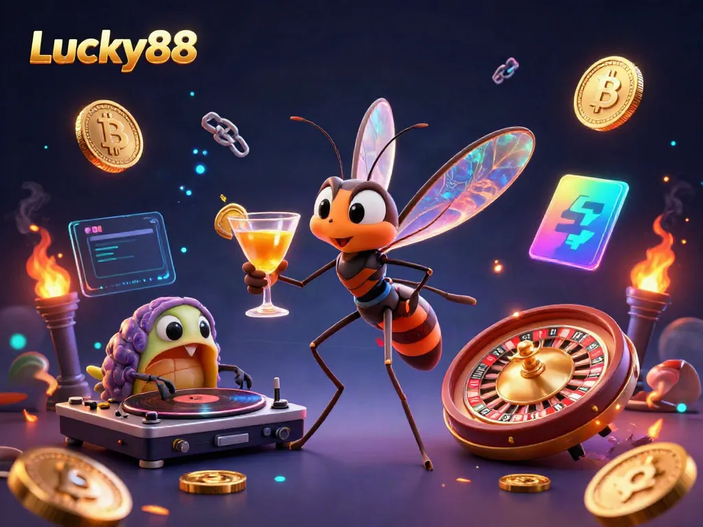Experience the vibrant universe of Lucky88 with a captivating casino mascot and dynamic gaming elements.