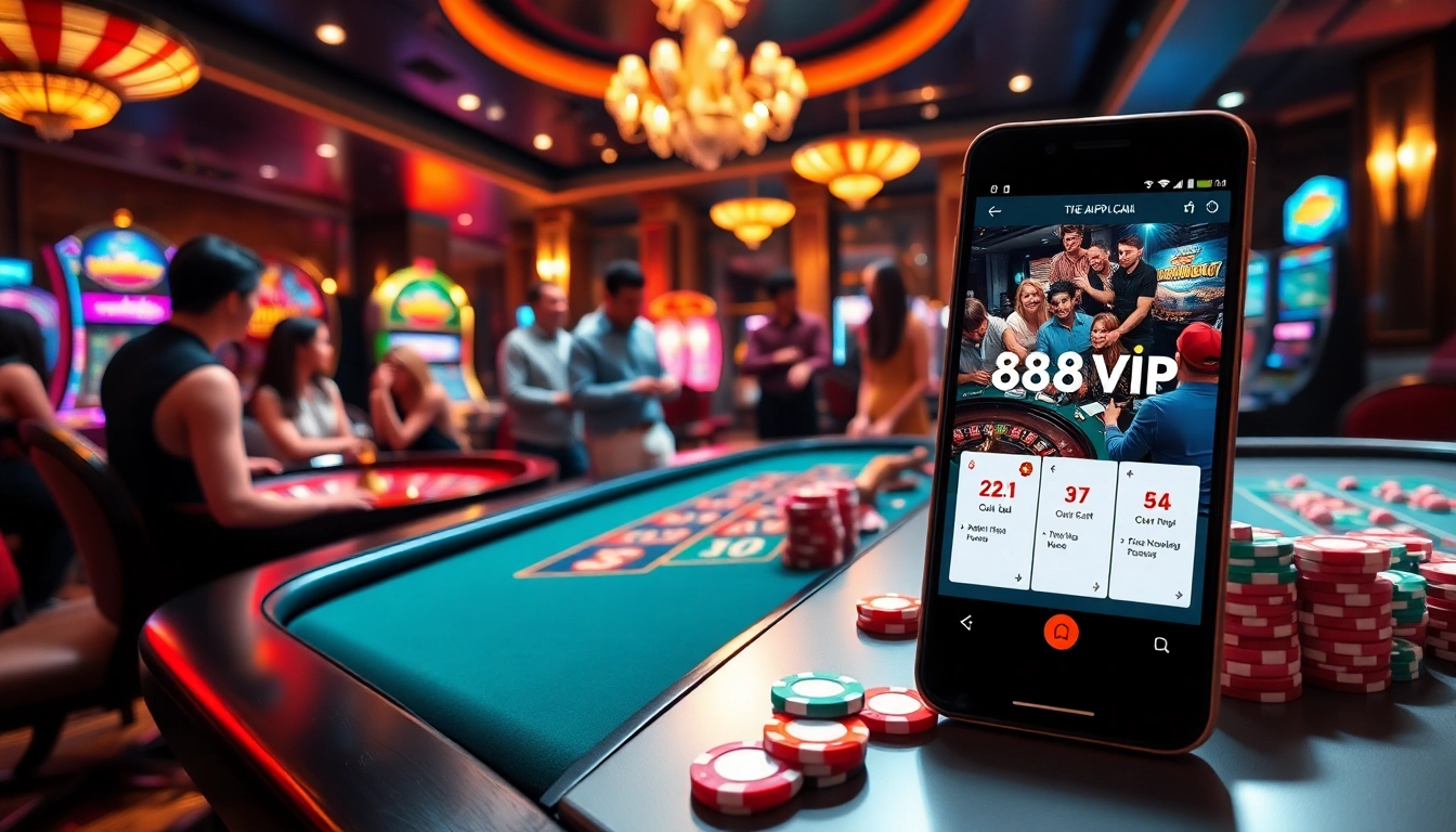 Tải App Nhà Cái 68VIP showcased on a smartphone in a vibrant casino setting with roulette and poker games.