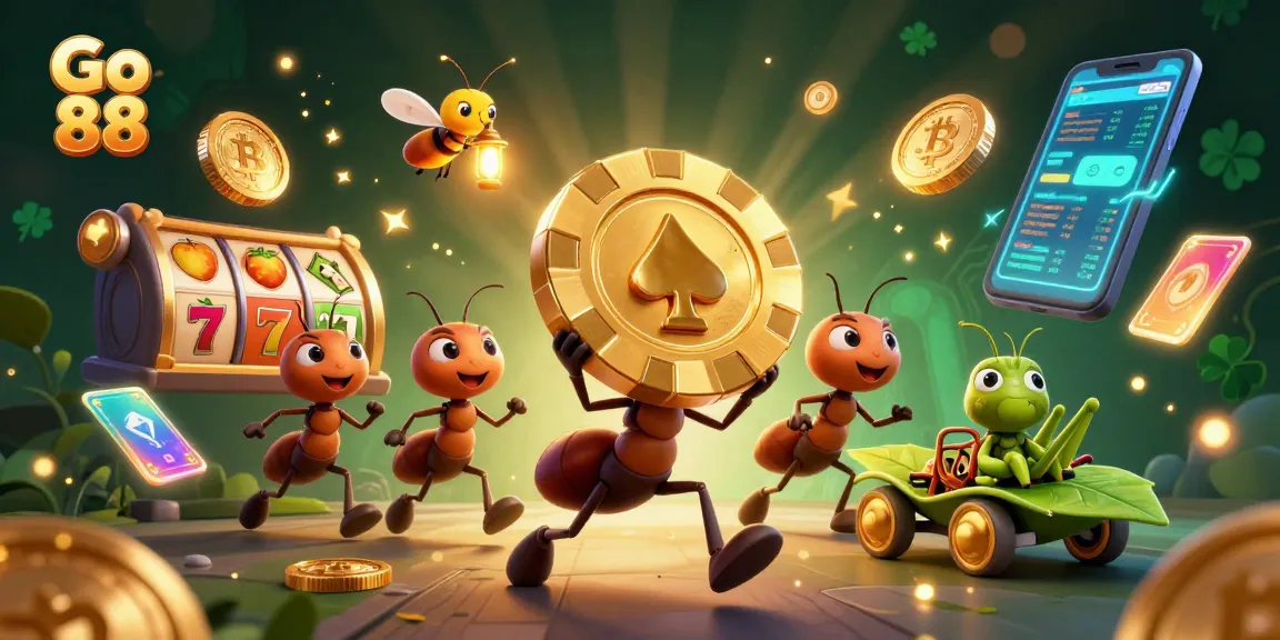 Experience thrilling winnings at Go 88 as ants execute a heist for the ultimate poker chip amidst a vibrant casino scene.