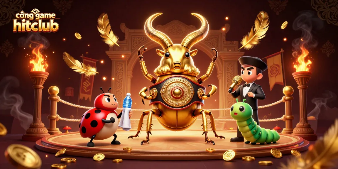 Engage with the cổng game hitclub featuring a vibrant scene of a boxing beetle, ladybug corner-man, and caterpillar announcer.