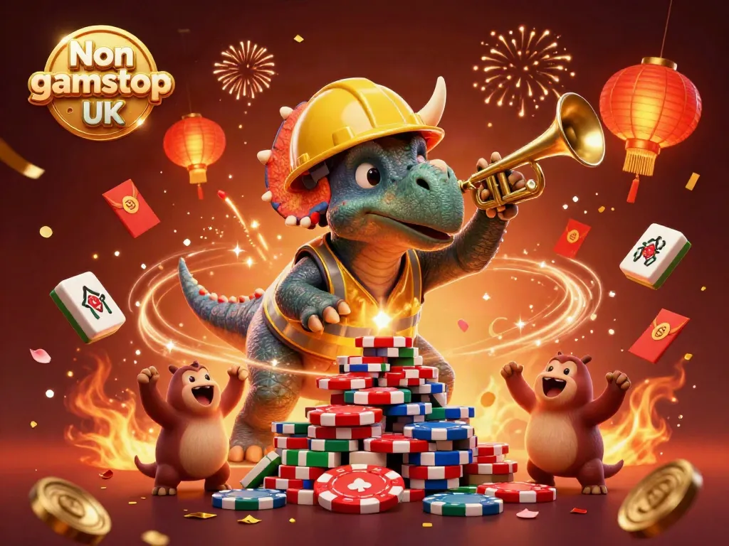 Engaging scene of Non gamstop casinos UK with a triceratops building poker chips, celebrating with colorful elements.