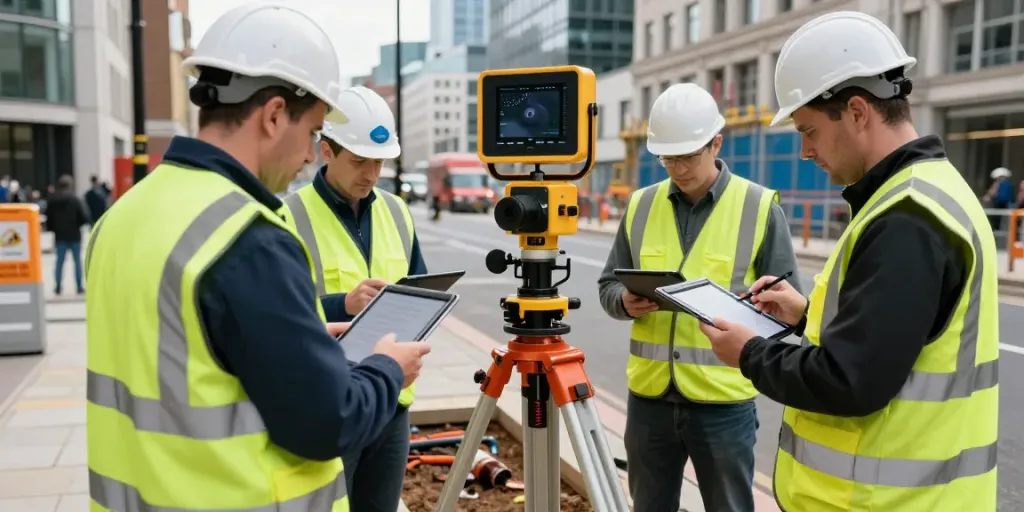 Utility Survey London - Surveying team using ground-penetrating radar in urban setting, ensuring accurate mapping of underground utilities.