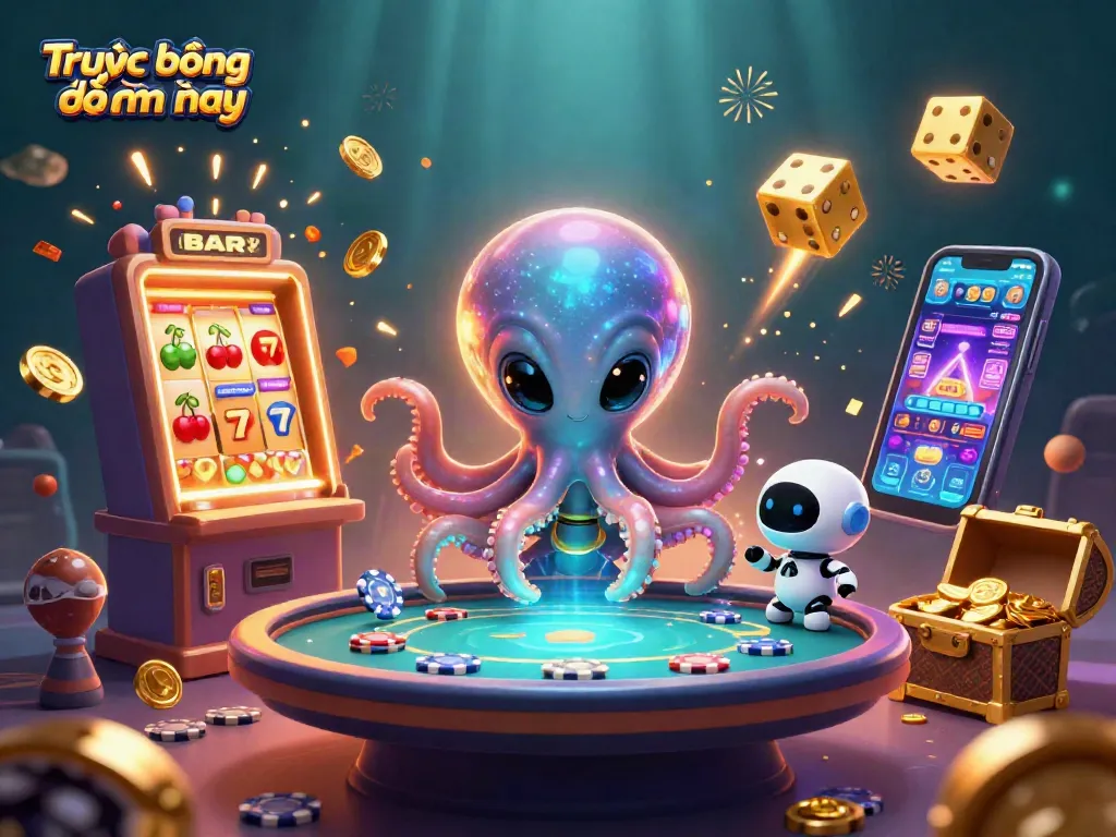 Trực tiếp bóng đá hôm nay: A lively illustration depicting an alien octopus engaging in exciting casino activities.